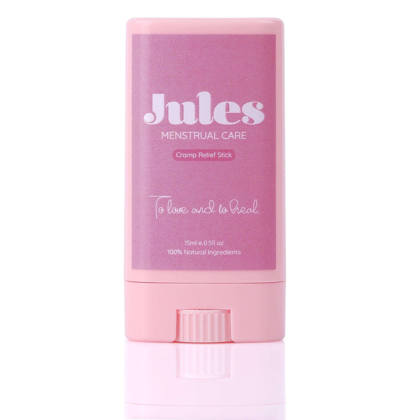 Cramp Relief Stick (15ml) from Jules Menstrual Care in a pink container for menstrual cramps relief.