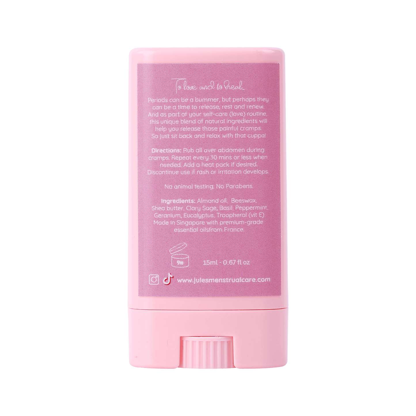 Bundle (Cramp Relief Stick 15ml + Cramp Relief Balm 30ml) back view showing directions and ingredients for menstrual care.