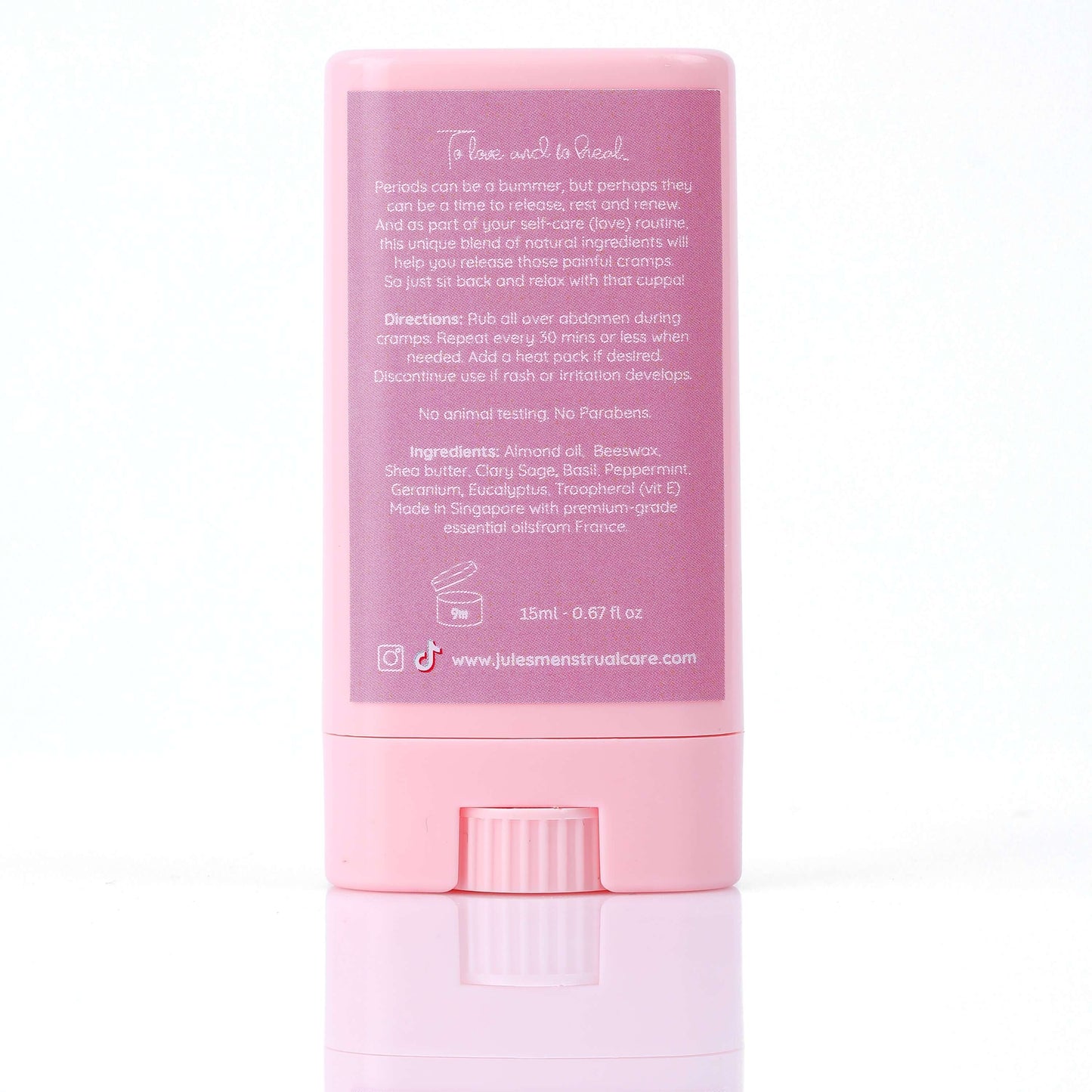 Cramp Relief Stick (15ml) back view showing ingredients and usage instructions for menstrual cramp relief.