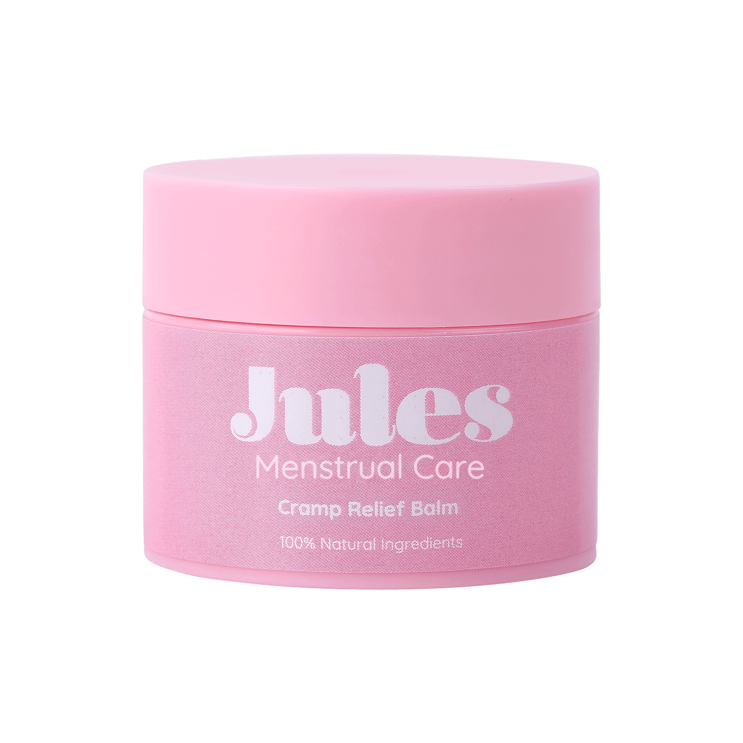 Jules Menstrual Care Cramp Relief Balm (30ml) in a pink jar with natural ingredients for menstrual discomfort.