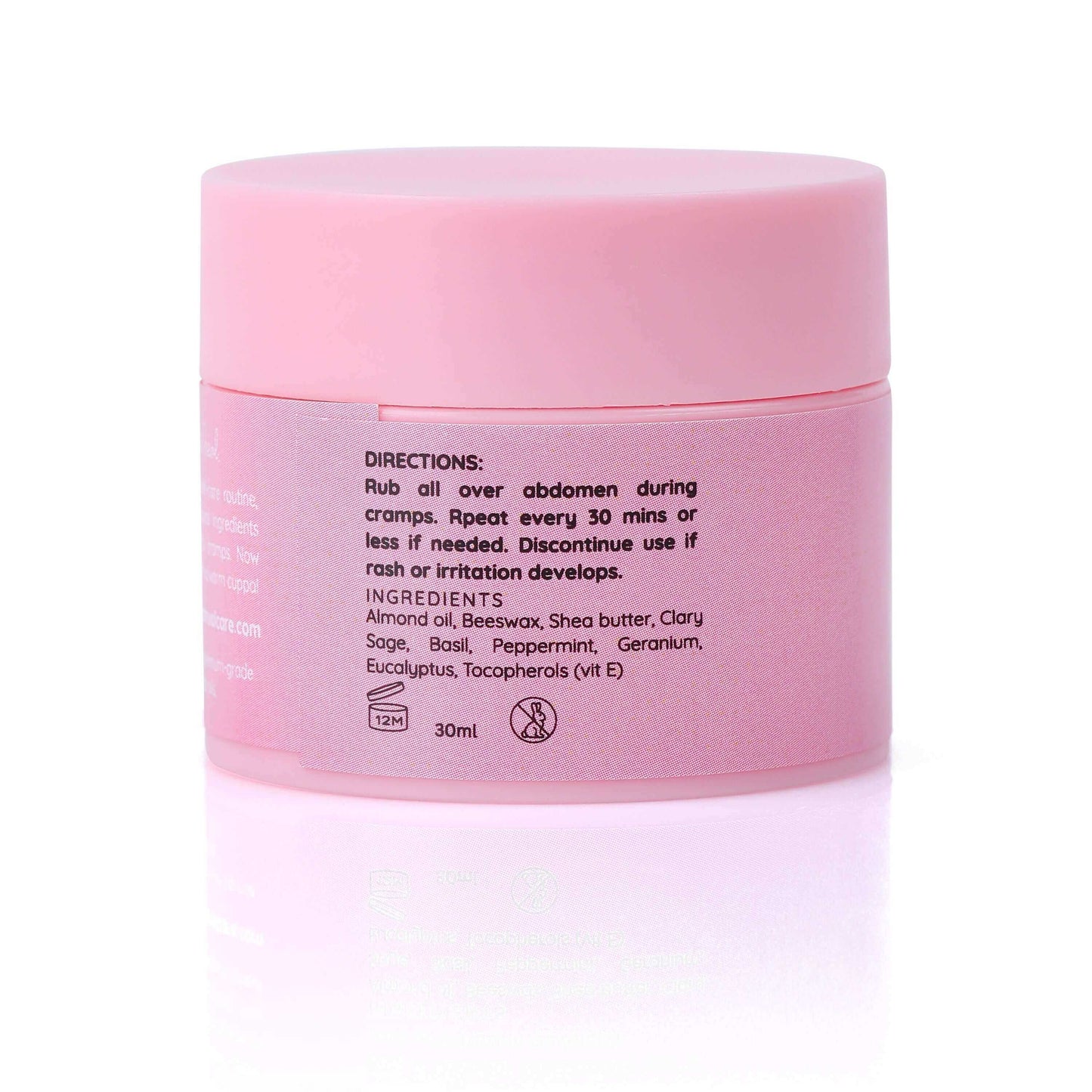 Cramp Relief Balm (30ml) jar with instructions and ingredients for menstrual cramp relief, featured in a pink container.