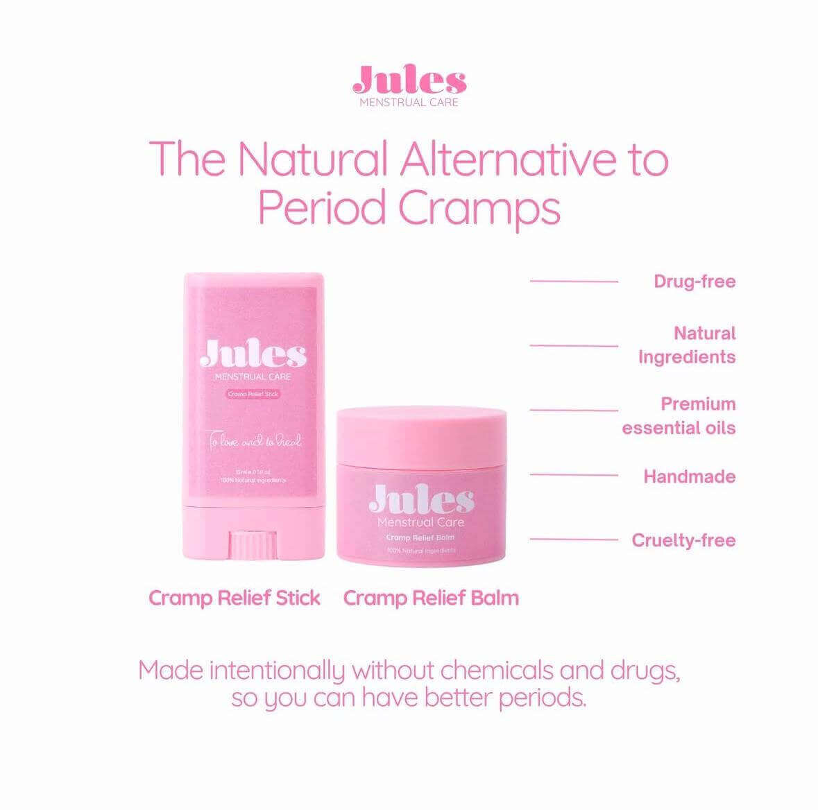 Cramp Relief Balm (30ml) and Cramp Relief Stick by Jules Menstrual Care, all-natural solutions for menstrual cramps.